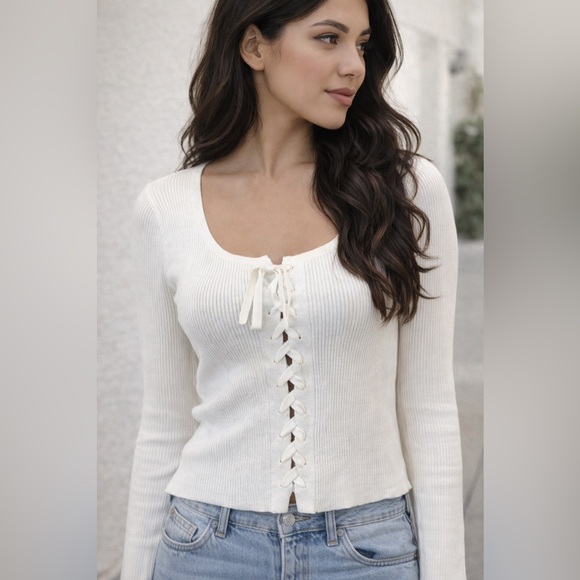 Hooked Up by IOT Sweaters - New Ivory Lace Up Sweater